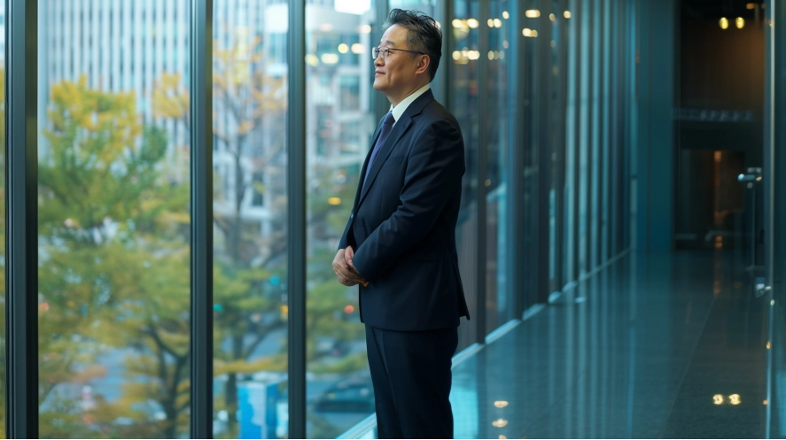 Man in a suit standing in a modern office hallway with large windows
