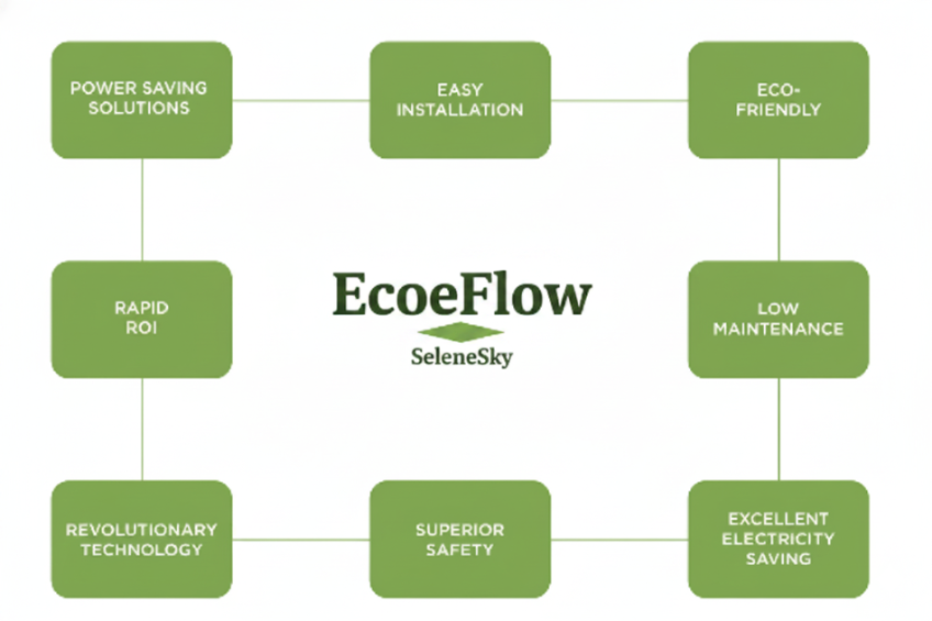 EcoeFlow SeleneSky product features including power saving solutions, easy installation, eco-friendly, rapid ROI, revolutionary technology, superior safety, and excellent electricity saving.