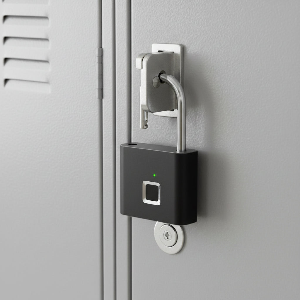 Black electronic padlock with fingerprint sensor on a white background
