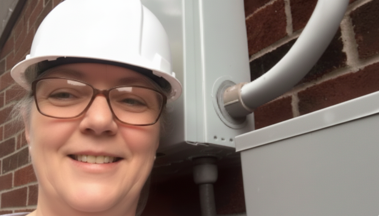 Person wearing a hard hat and safety glasses next to an air conditioning unit on a brick wall.