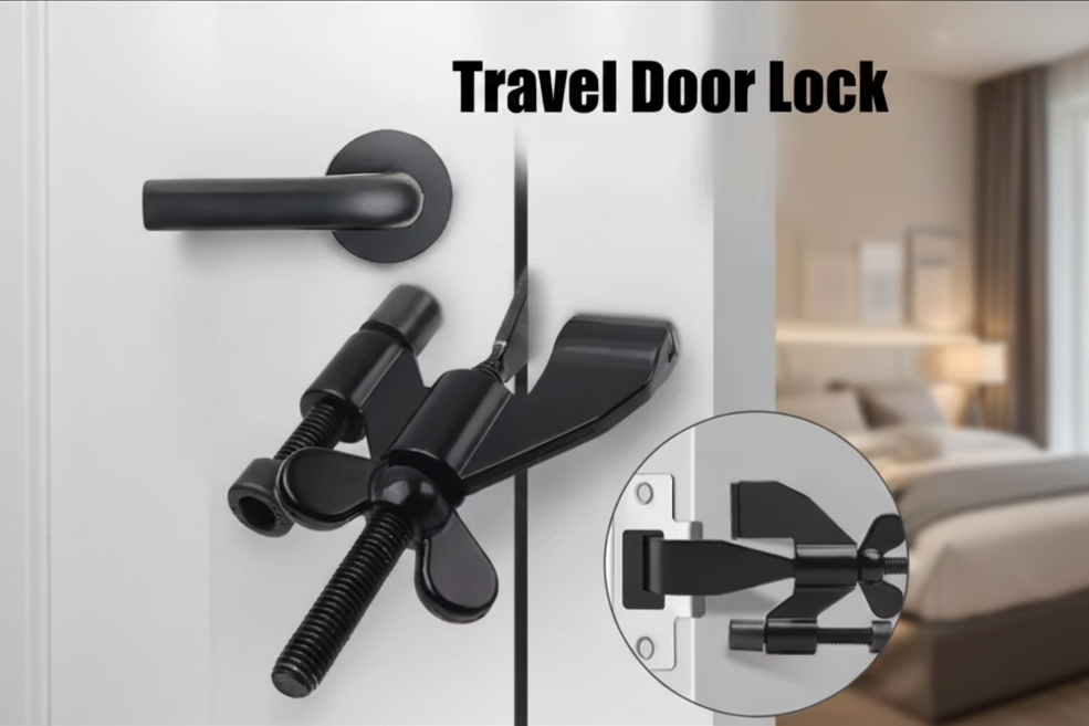 Black travel door lock with wing nut latch mechanism shown on a white door, with text reading 'Travel Door Lock' and a circular inset showing the latch detail.